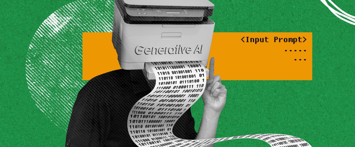 a collage of a man with a computer head generating binary code, suggestive of generative AI